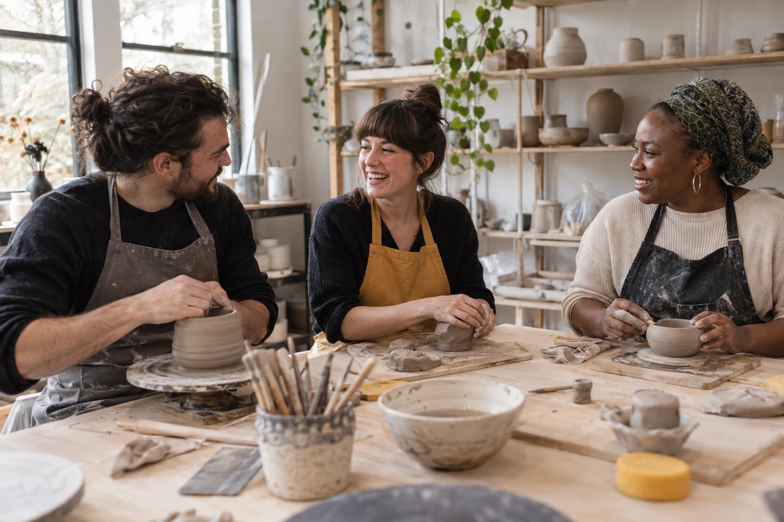 Three adults talking while making pottery together in a community ceramics class