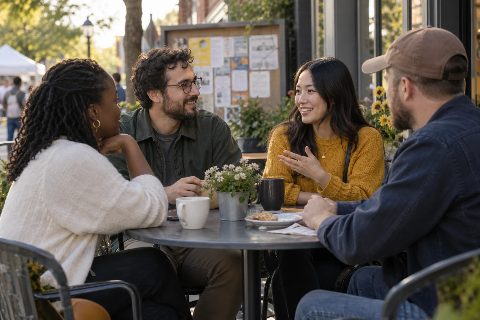 Four adults talking together at an outdoor neighborhood cafe after a community event