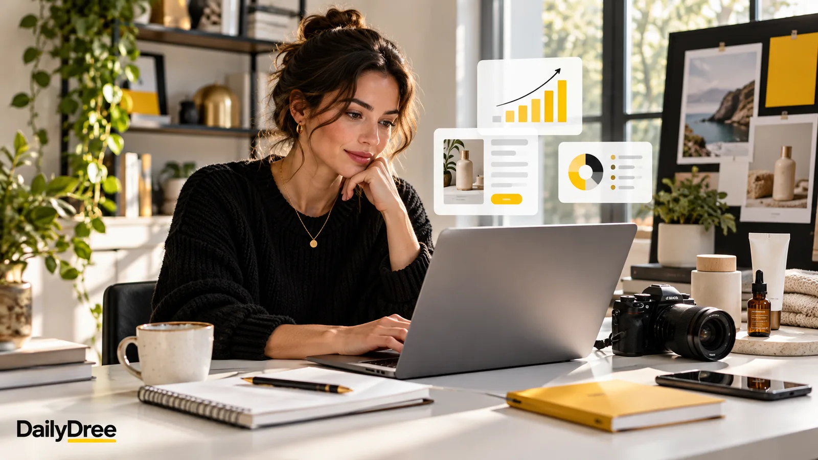 Beginner affiliate marketer planning useful product content at a home-office desk
