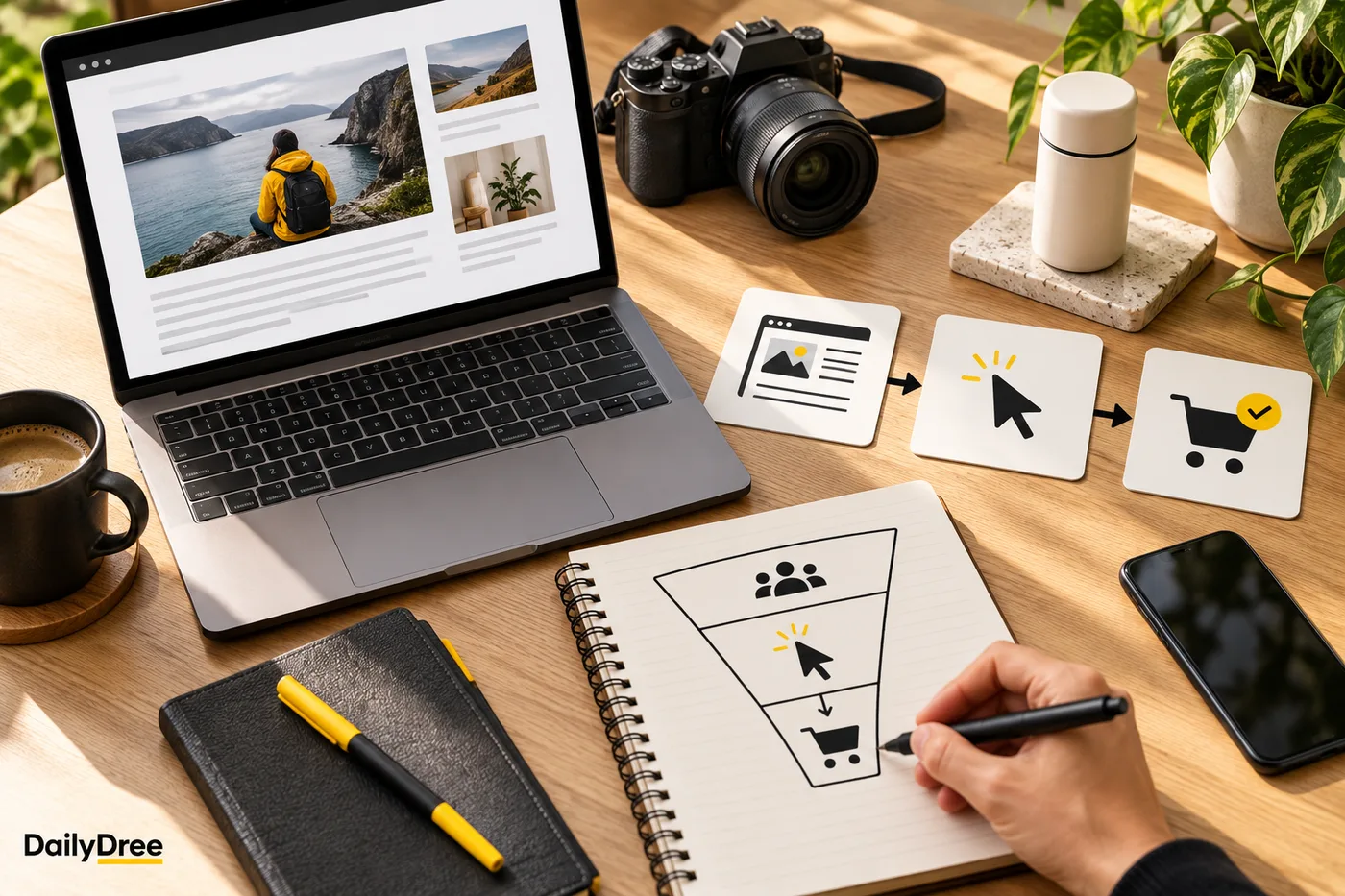 Visual workflow from helpful content to an affiliate click and customer purchase