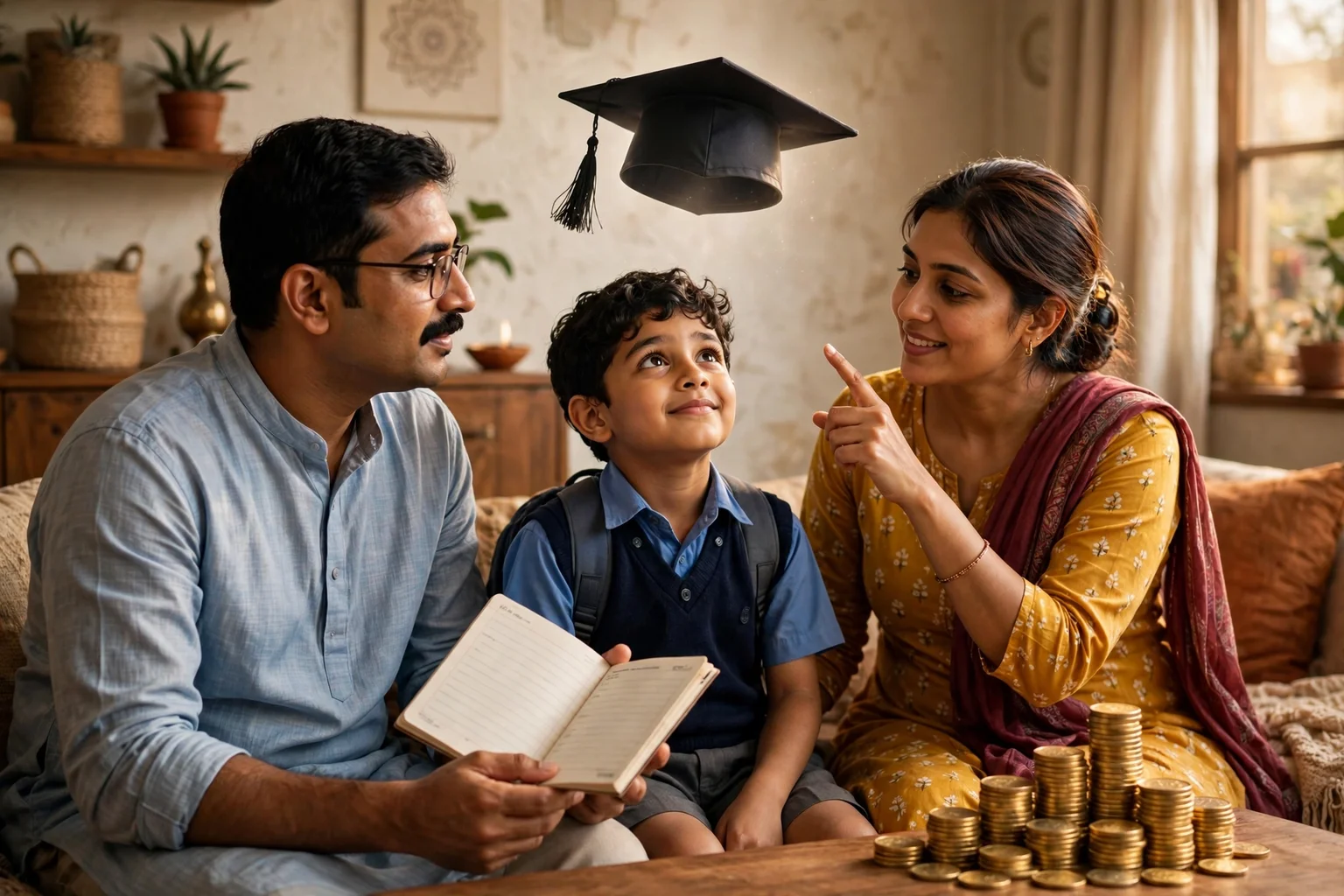 भारतीय माता पिता अपने स्कूली बच्चे के साथ, पिता बचत पासबुक दिखाते हुए और बच्चे के ऊपर graduation cap का सपना