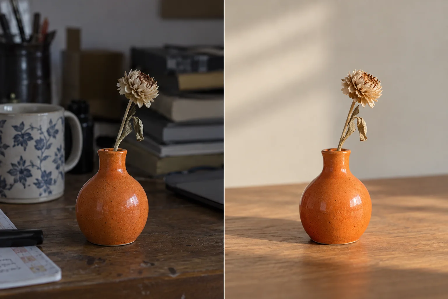 AI-generated illustrative diptych showing an orange vase in a dim cluttered scene and a cleaner brighter setting
