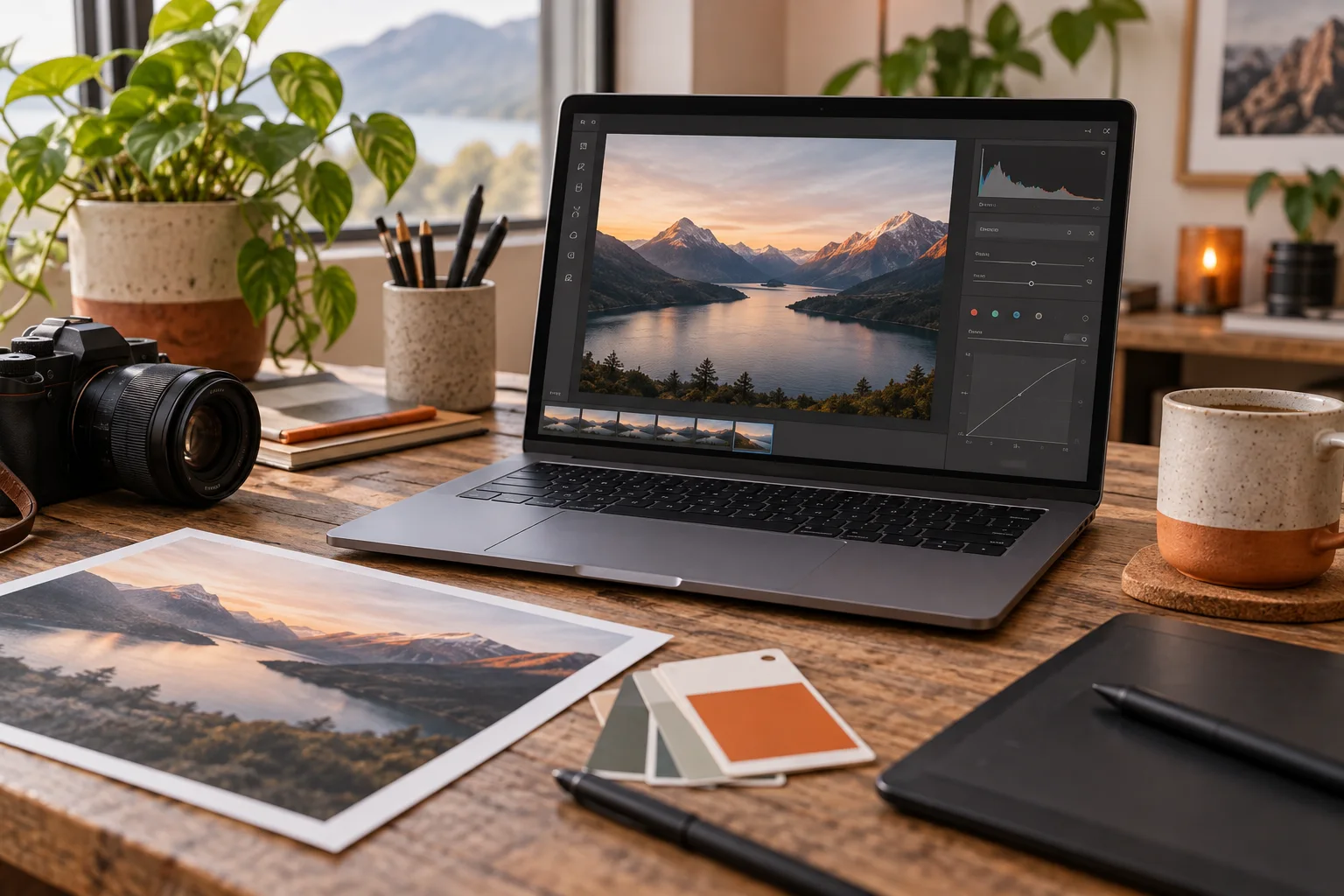 Editorial photograph of a photo-editing desk with a landscape image on a laptop and a matching printed photograph