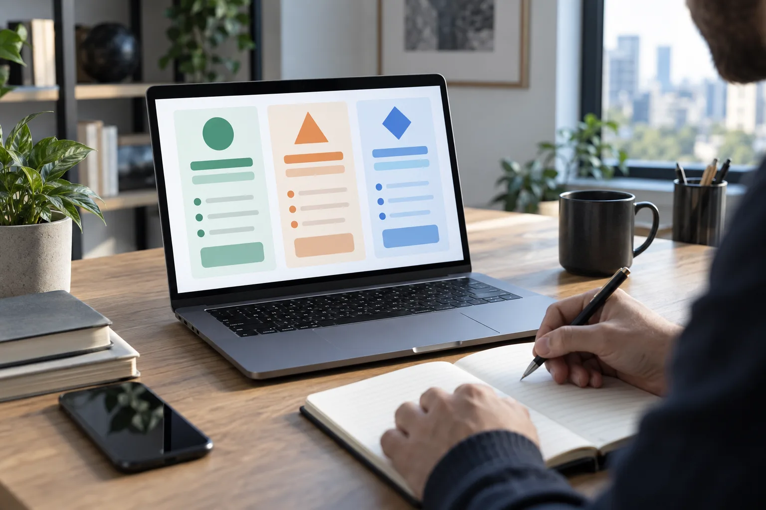 Person taking notes while comparing three AI assistants on a laptop