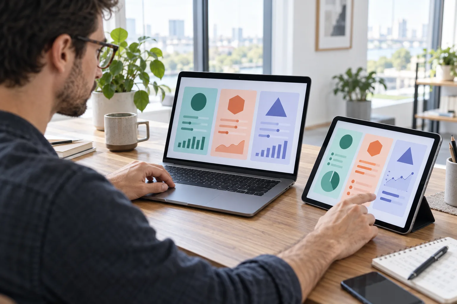 Person evaluating three AI assistant options across a laptop and tablet