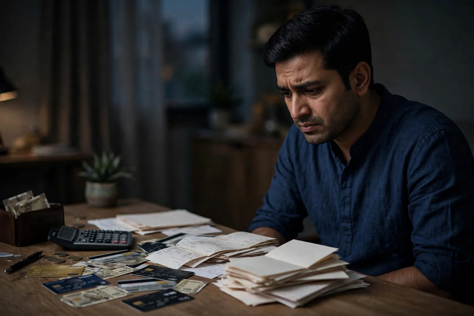 चिंतित भारतीय व्यक्ति मेज पर फैले क्रेडिट कार्ड के बिल और कई क्रेडिट कार्ड देख रहा है, पास में कैलकुलेटर रखा है