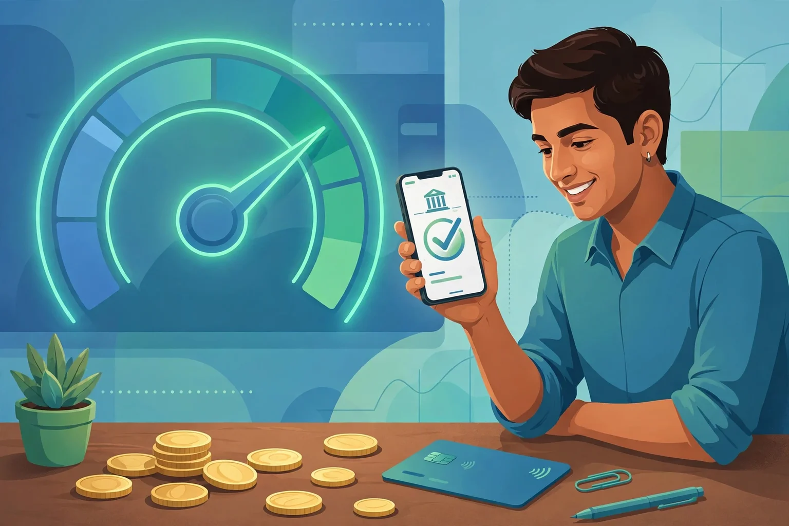 बड़ा क्रेडिट स्कोर मीटर excellent range दिखाता हुआ और भारतीय युवा professional स्मार्टफोन पर loan approval देखता हुआ