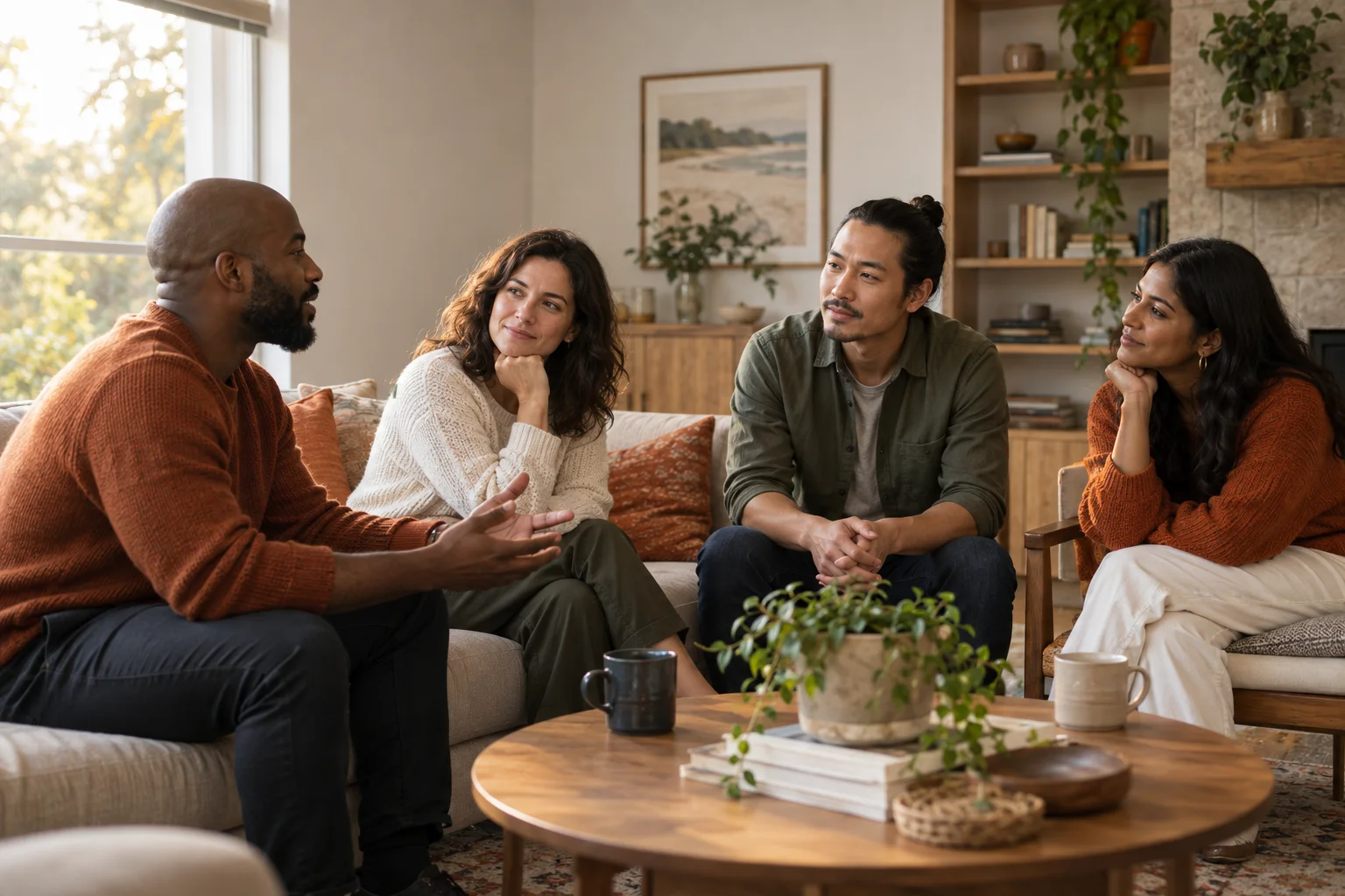 Four adults listening closely during a thoughtful conversation in a living room