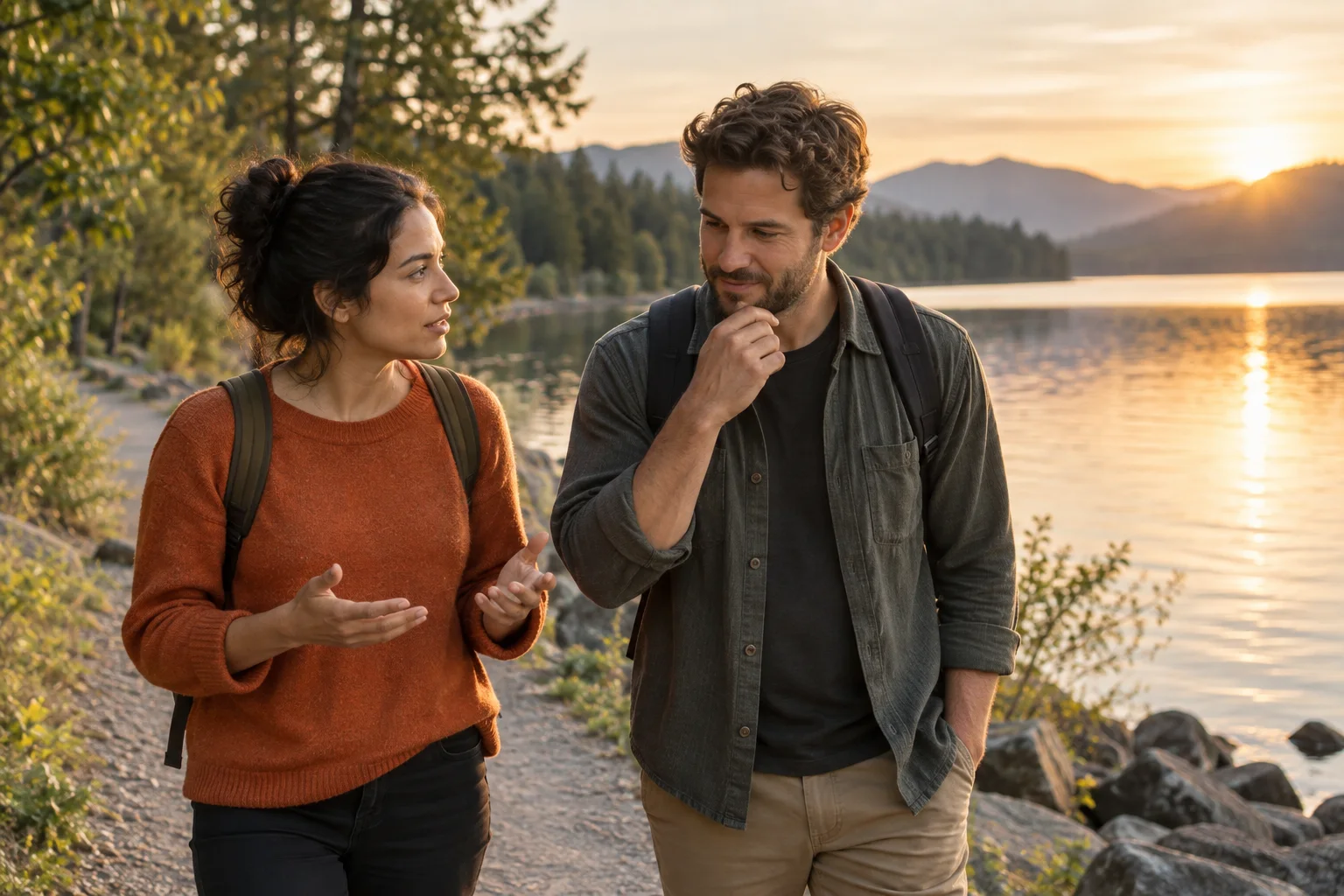 Two adult friends having a thoughtful conversation while walking beside a lake