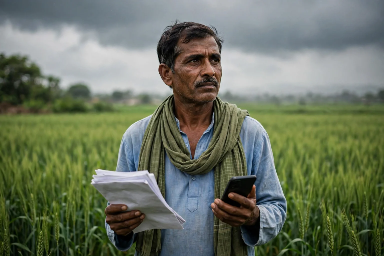 भारतीय किसान हरे गेहूं के खेत में फसल बीमा के कागज और मोबाइल फोन पकड़े खड़ा है, आसमान में बादल हैं