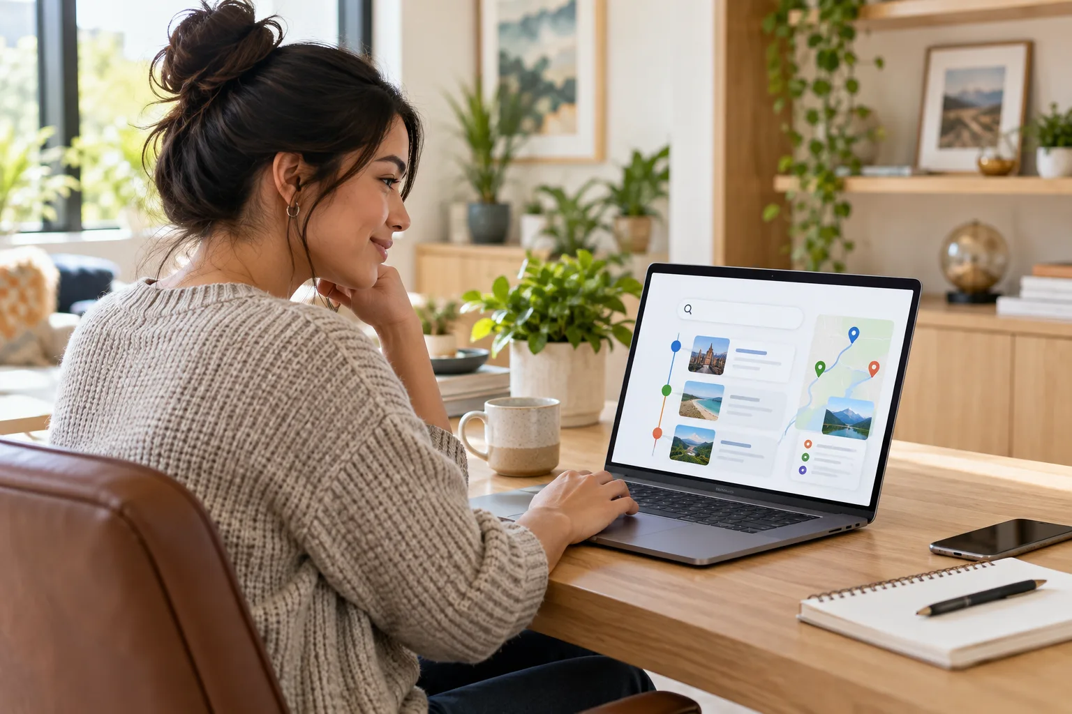 Woman using an AI-powered search planning interface on a laptop at home