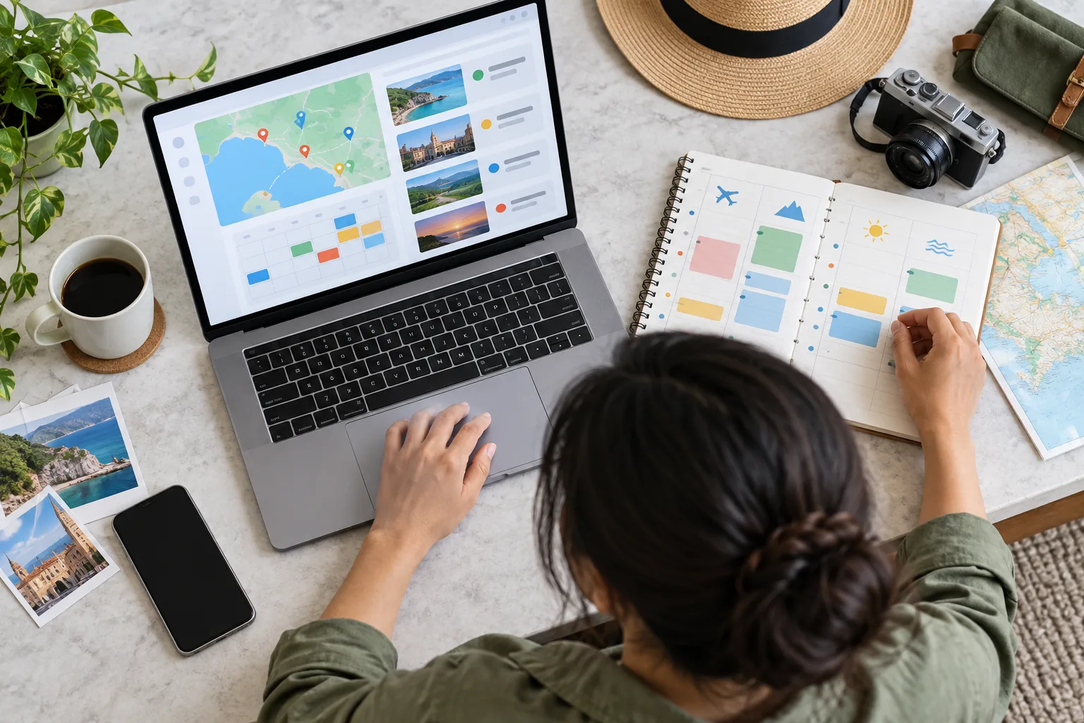 Traveler organizing an itinerary with an AI search interface, map, calendar, and notebook