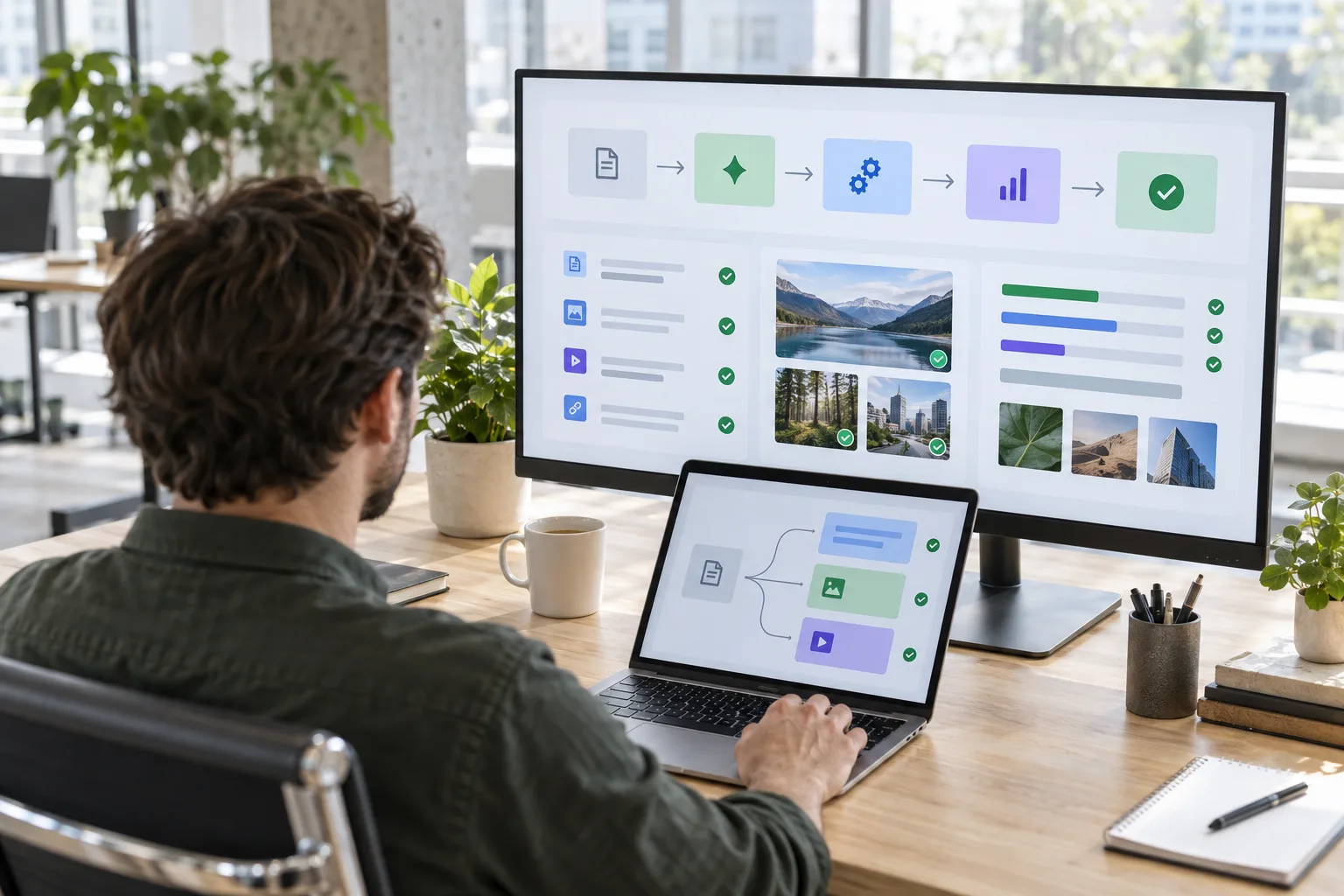 Person reviewing an AI-assisted workflow with task steps, evidence cards, and verification checks