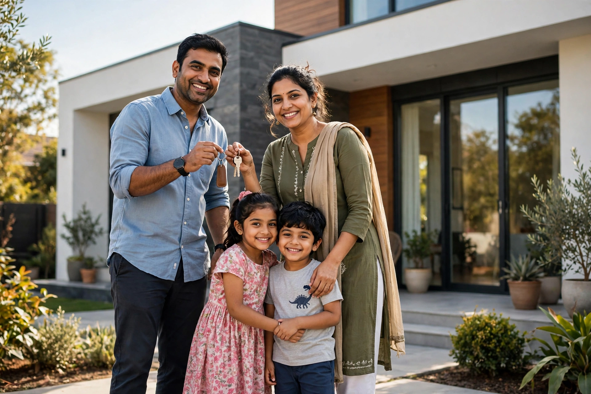 भारतीय परिवार अपने नए घर के सामने खड़ा, home loan से घर खरीदने की खुशी