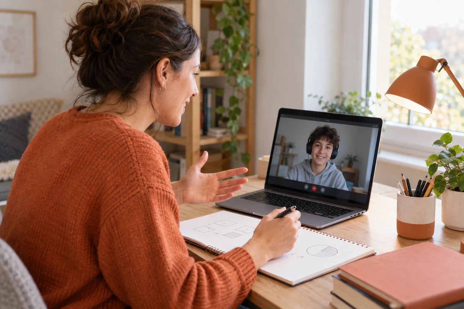 Tutor guiding a student over a video call using simple paper diagrams