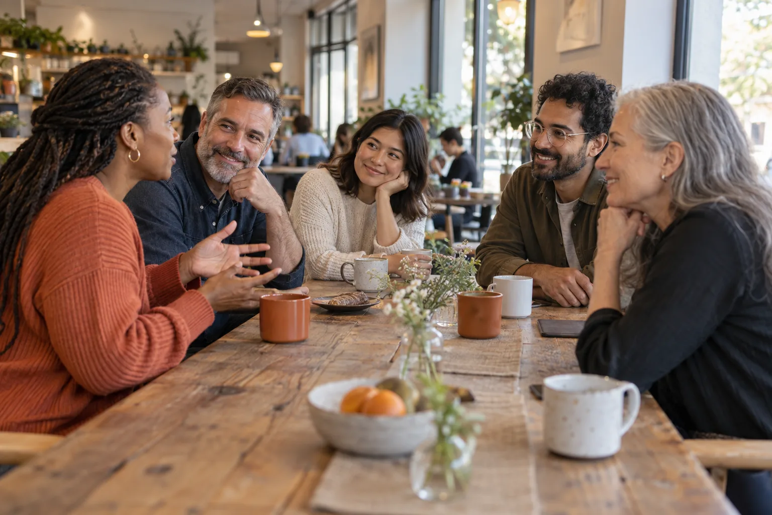 Adults at a small community table starting a relaxed conversation together