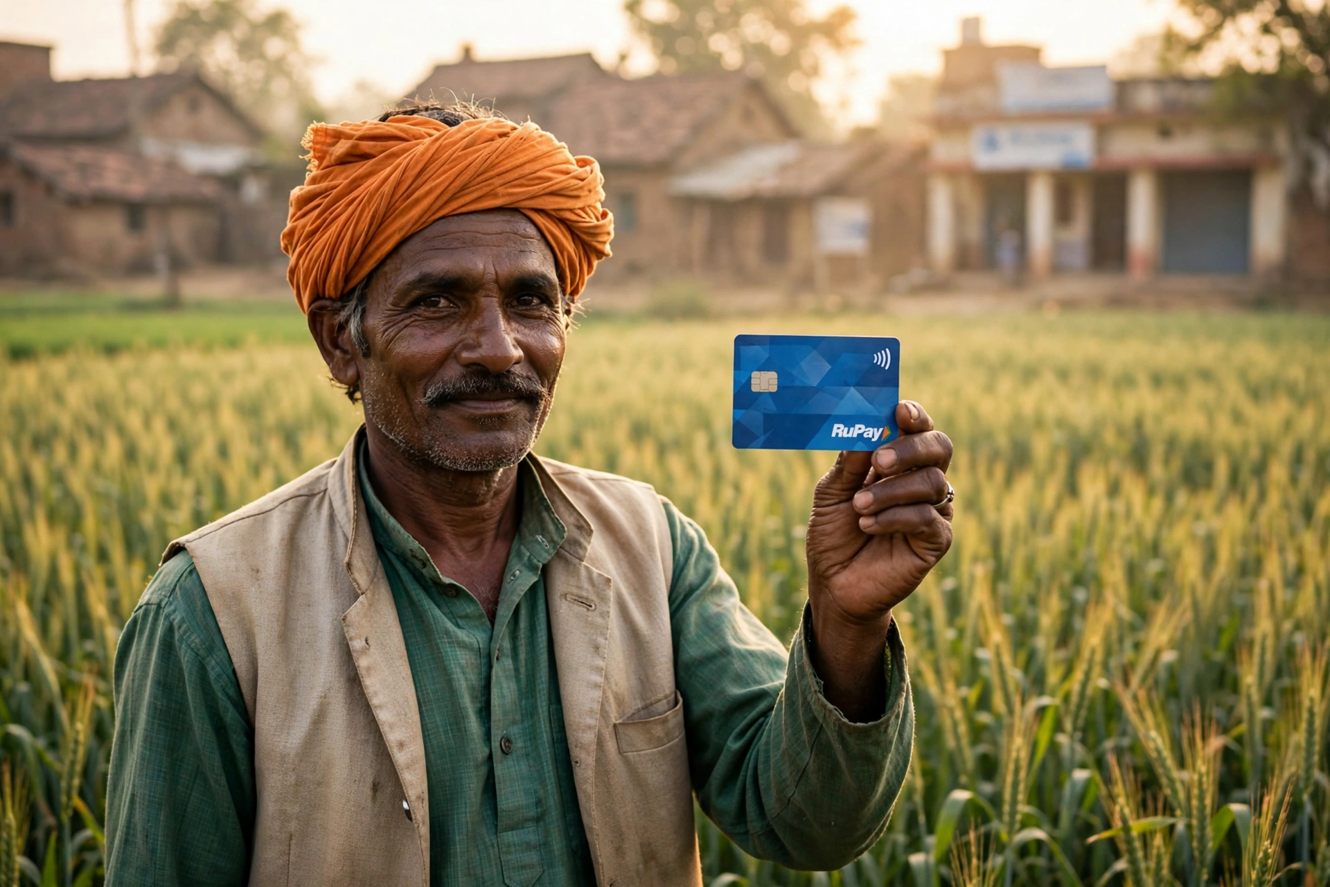 भारतीय किसान अपने खेत में Kisan Credit Card से फसल के लिए सस्ता loan लेते हुए