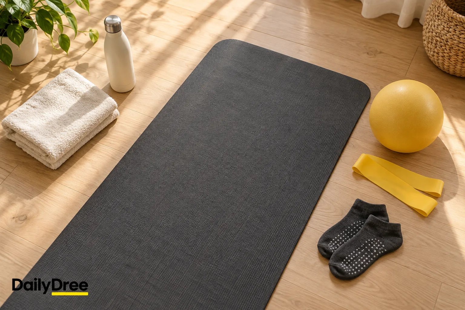 Pilates mat with towel, water bottle, grip socks, ball and resistance band