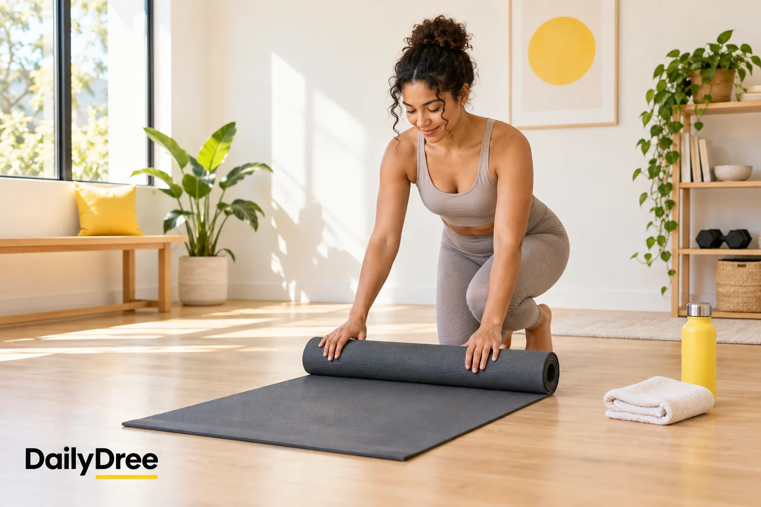Beginner unrolling a mat before a Pilates session at home