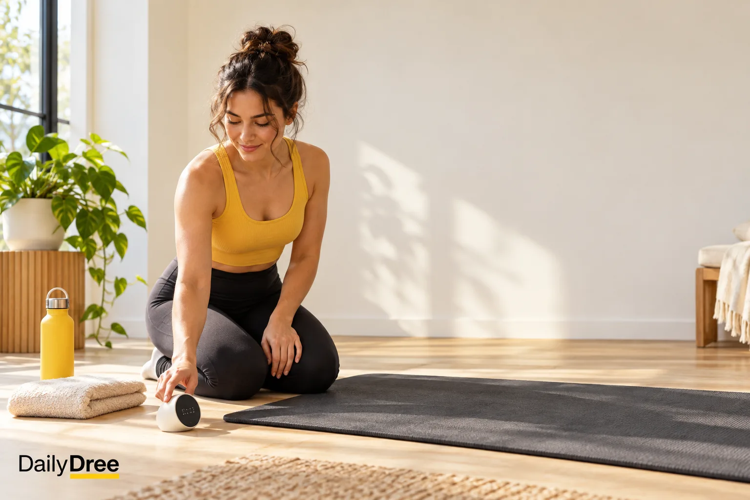 Beginner setting a timer beside a mat before an at-home Pilates workout