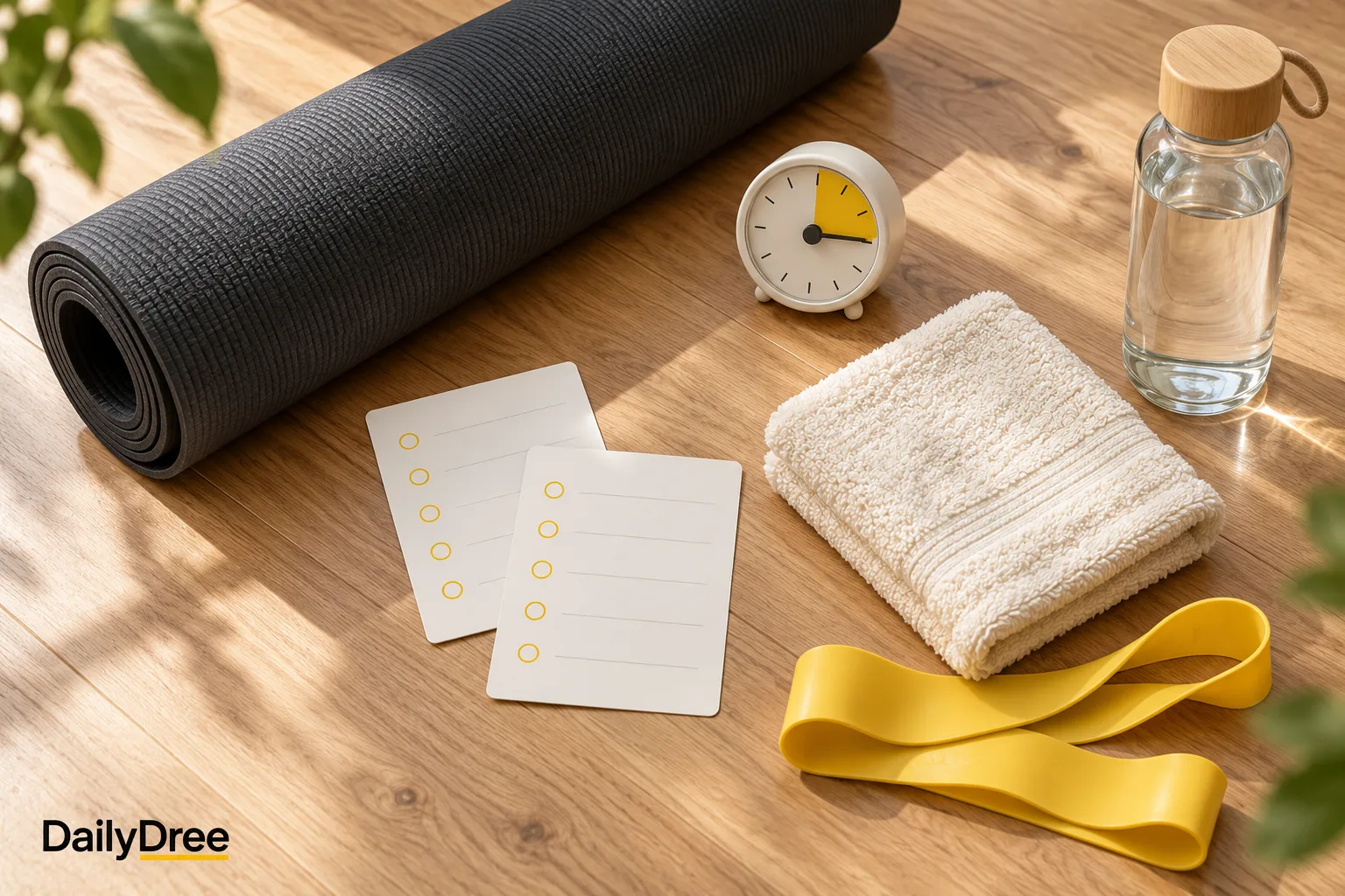 Pilates mat, timer, water, towel and checklist cards arranged for a short home workout