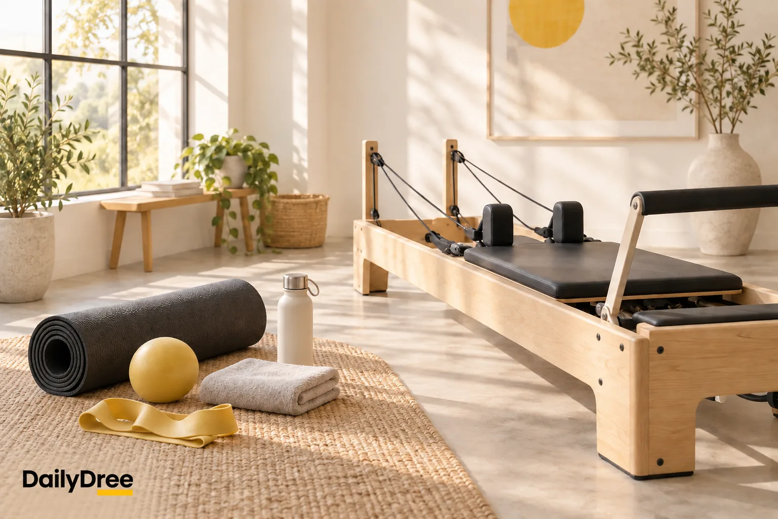 Pilates mat and small props beside a reformer machine