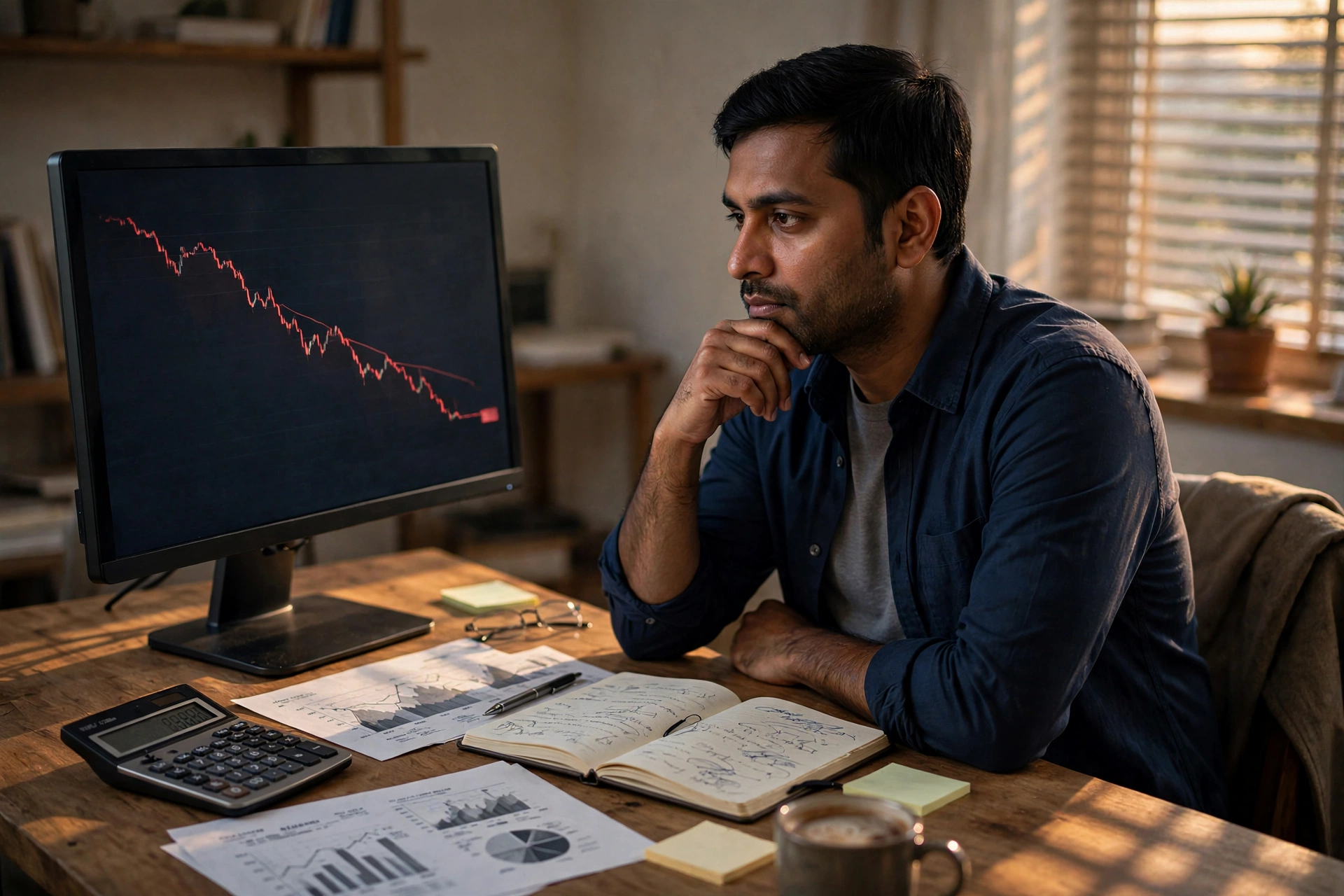 गिरते market chart के सामने सोच में डूबा निवेशक, म्यूचुअल फंड के जोखिम समझते हुए