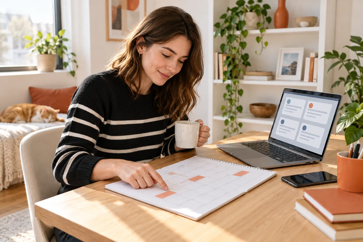 Job seeker planning a part-time remote schedule at a bright home desk with a weekly calendar
