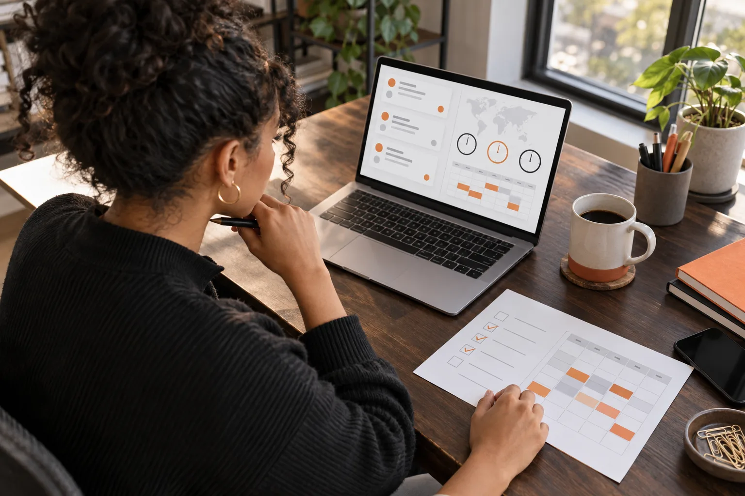 Professional comparing remote job requirements with a weekly availability and time-zone checklist