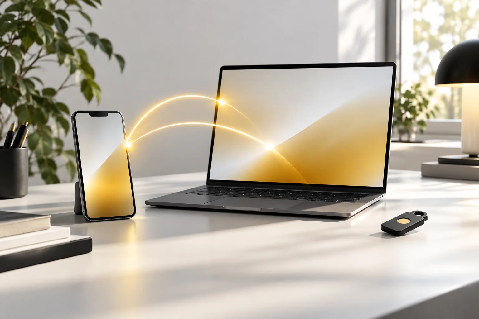 Phone and laptop connected by yellow light beside a physical security key