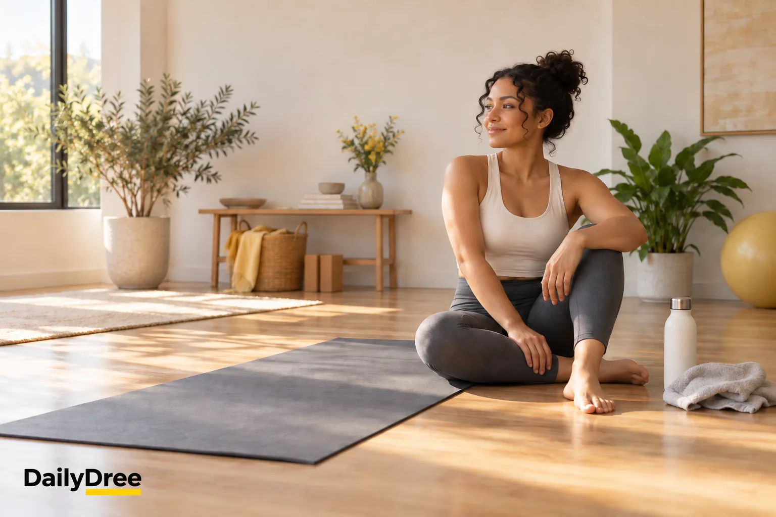 Beginner sitting beside a Pilates mat in a bright home studio