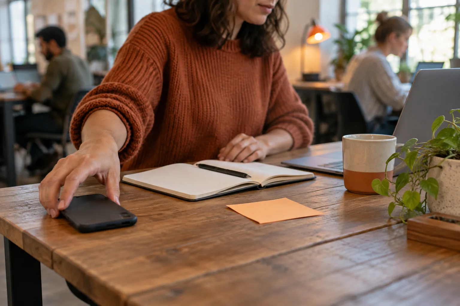 Worker placing a phone away from an open notebook during a focus session
