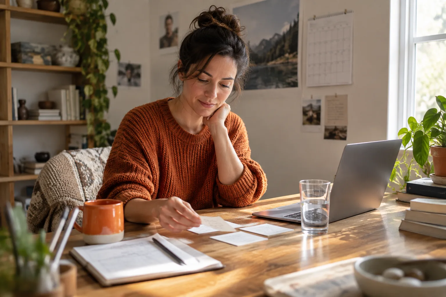 Woman choosing a daily priority from notes at a home desk beside a laptop