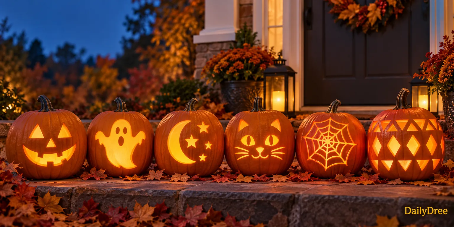 Six original carved pumpkins with easy, cute, scary and geometric Halloween designs