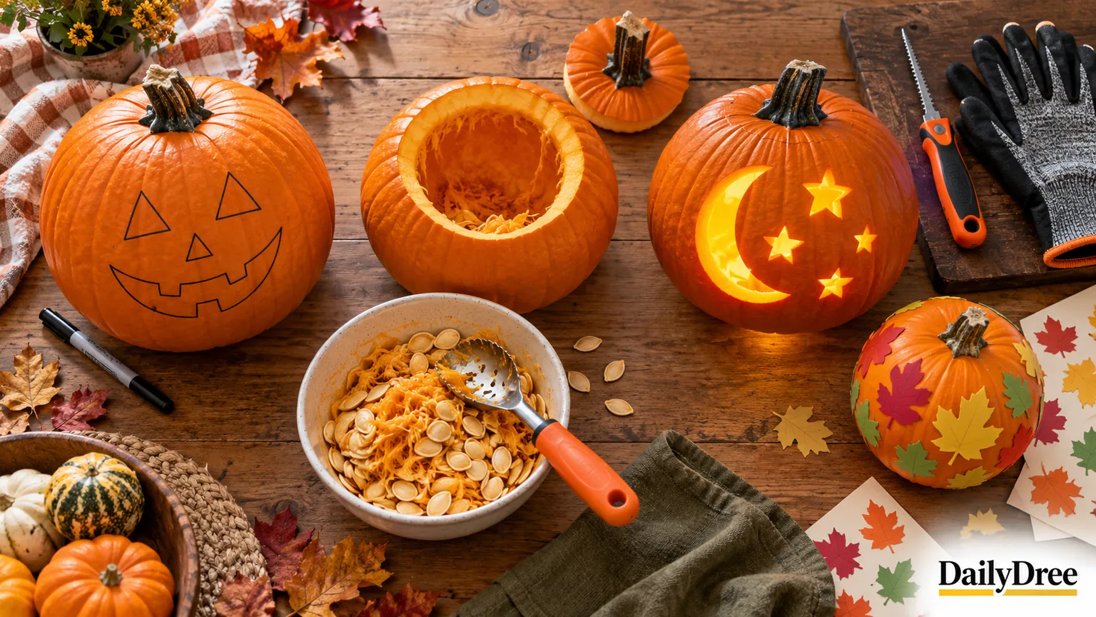 Safe pumpkin carving setup with simple design, scoop, adult carving tool and battery light