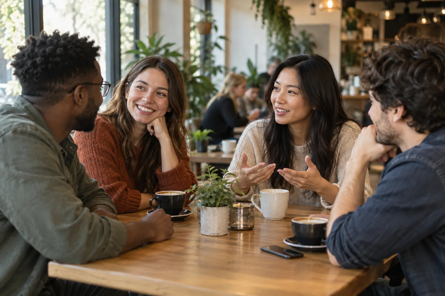 Four friends having a relaxed conversation around a cafe table
