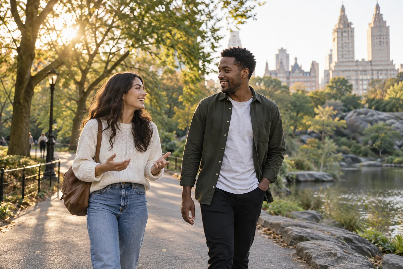 Two new friends talking while walking through a city park