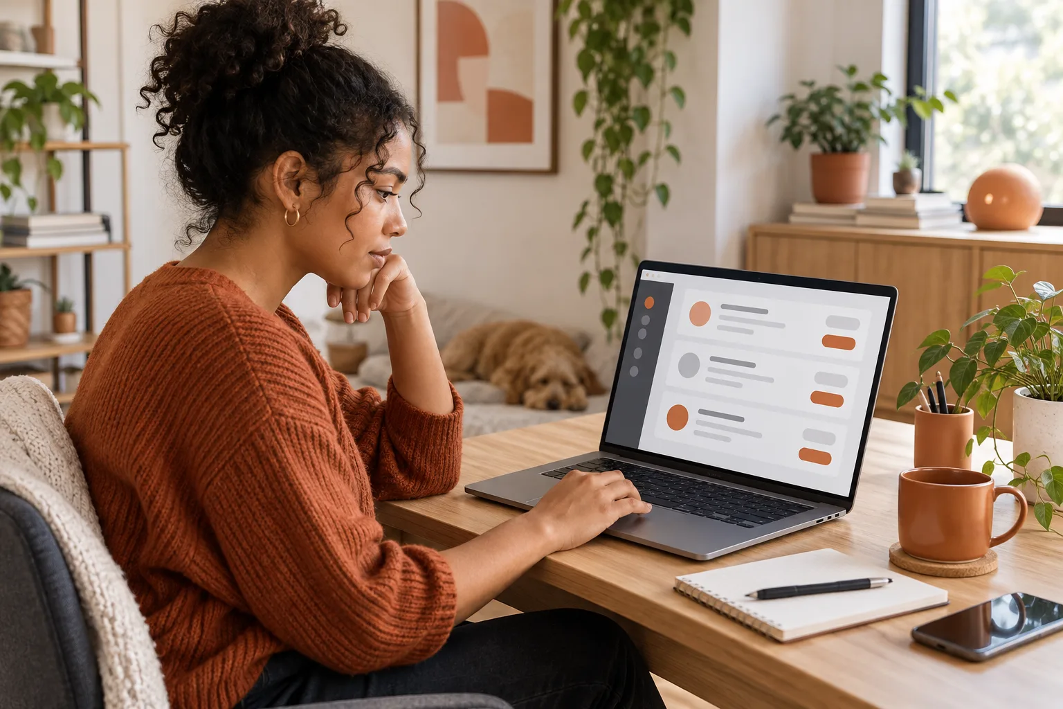 Job seeker reviewing remote work opportunities at an organized home workspace