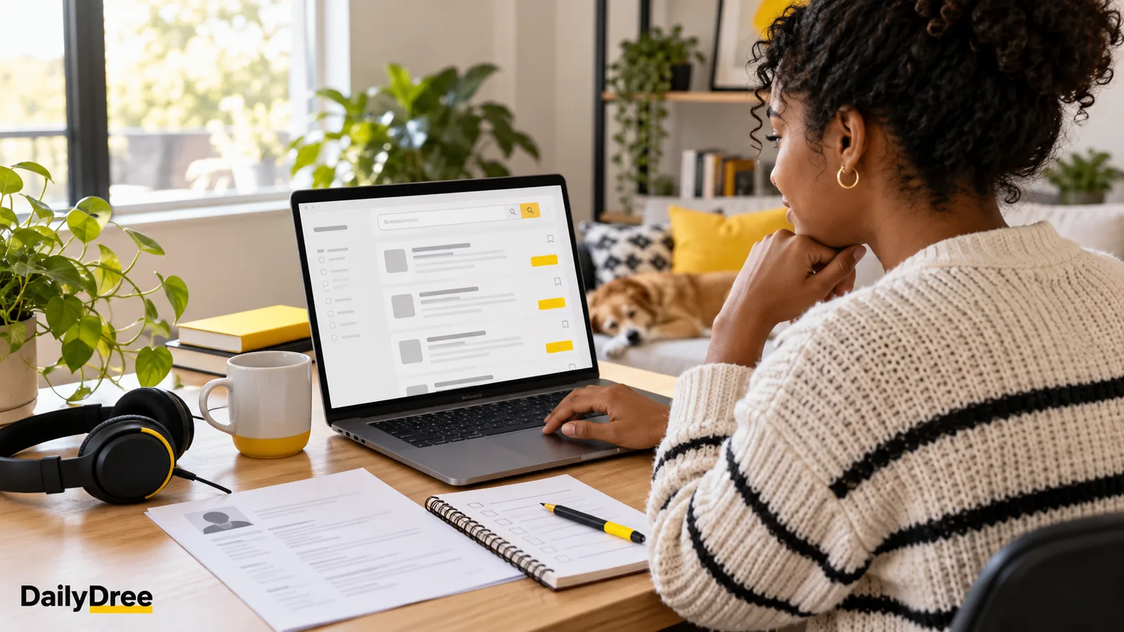Beginner reviewing remote job listings with a resume and application checklist