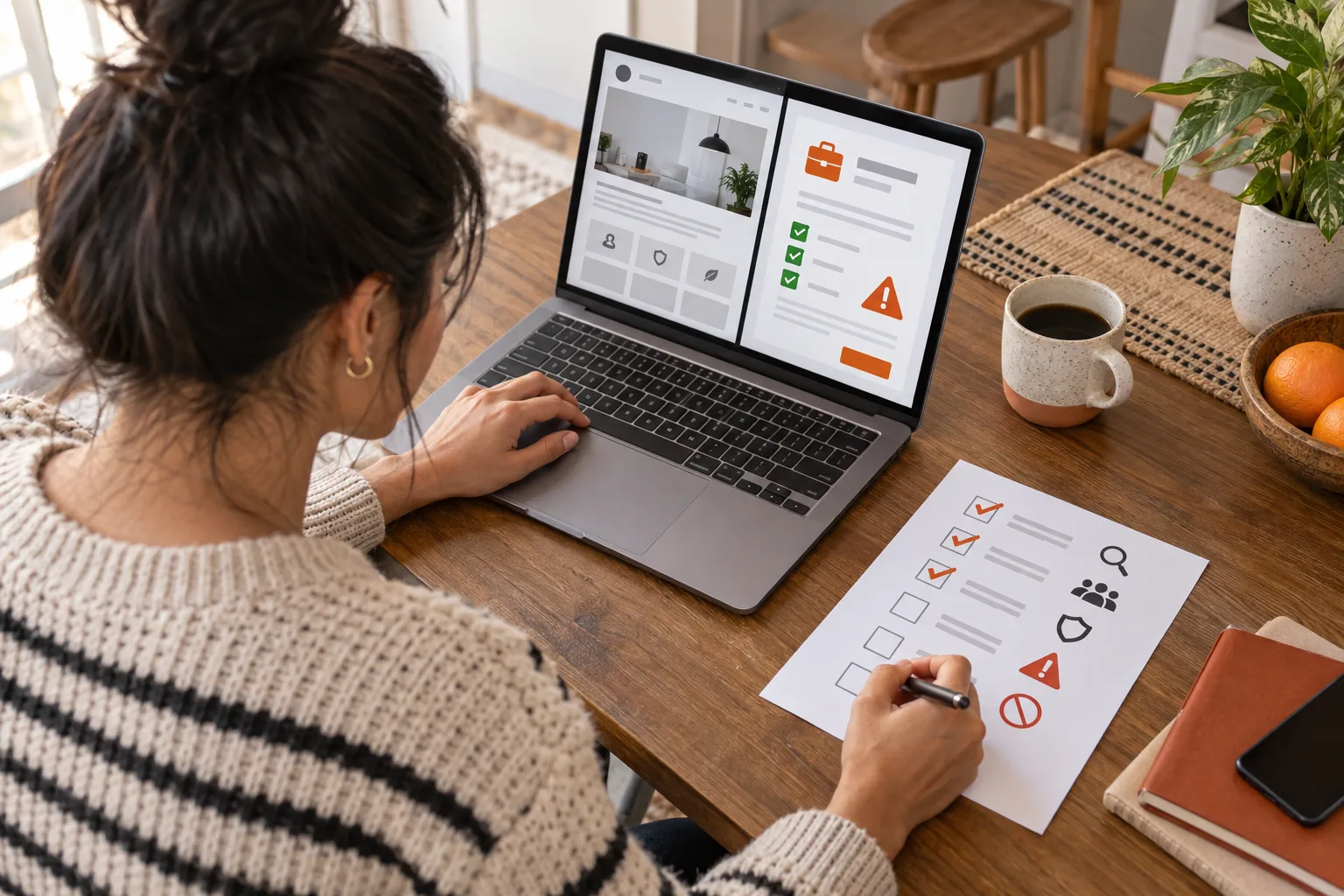 Job seeker comparing a remote listing with a verification checklist and company careers page
