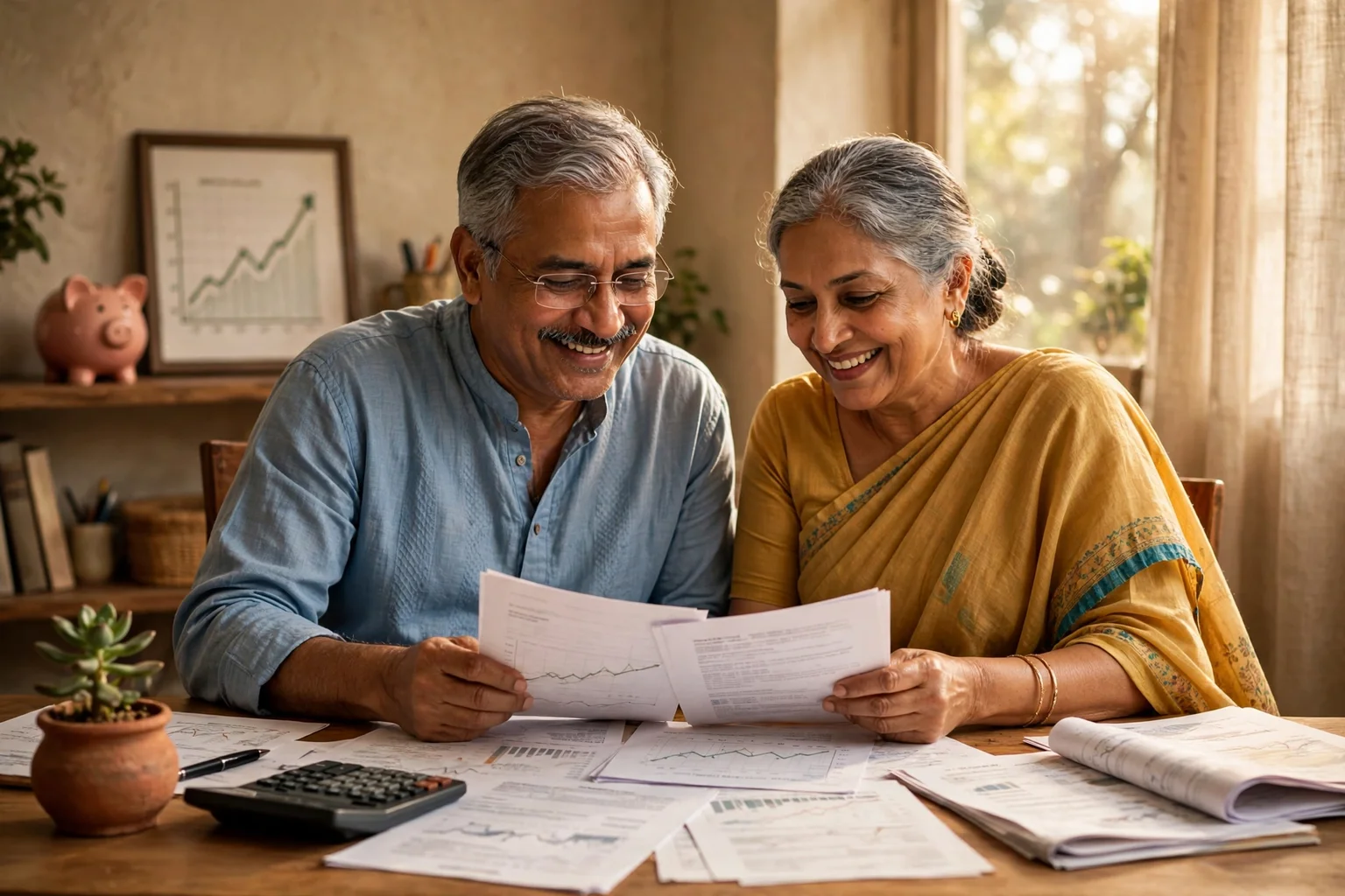 भारतीय बुजुर्ग दंपति घर पर बैठकर रिटायरमेंट दस्तावेज और कैलकुलेटर के साथ भविष्य की योजना बनाते हुए