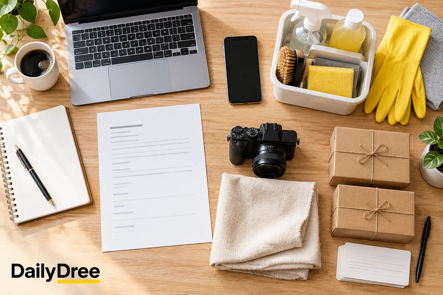 Laptop, cleaning supplies, camera and parcels representing different side-hustle paths