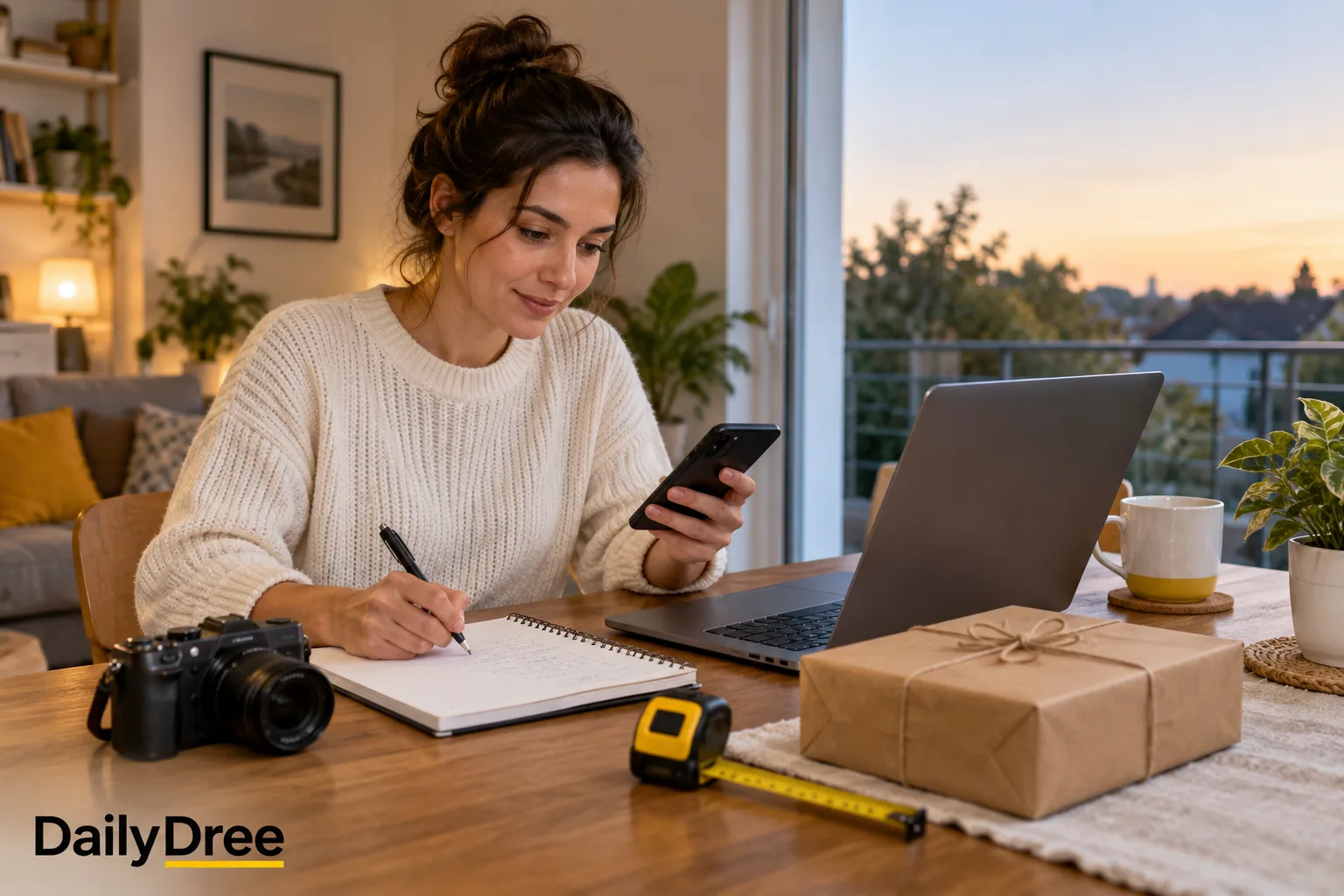 Person comparing realistic side-hustle options at a table with a laptop, camera and parcel