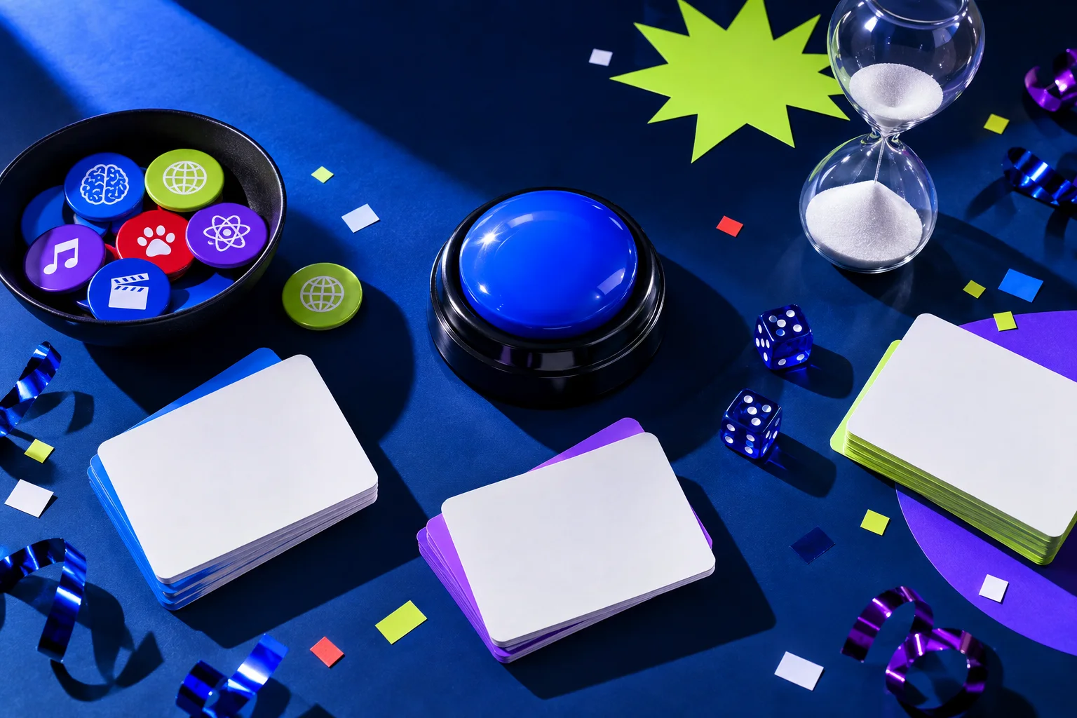 Blue quiz buzzer, blank question cards, dice and colorful trivia tokens on a dark navy table