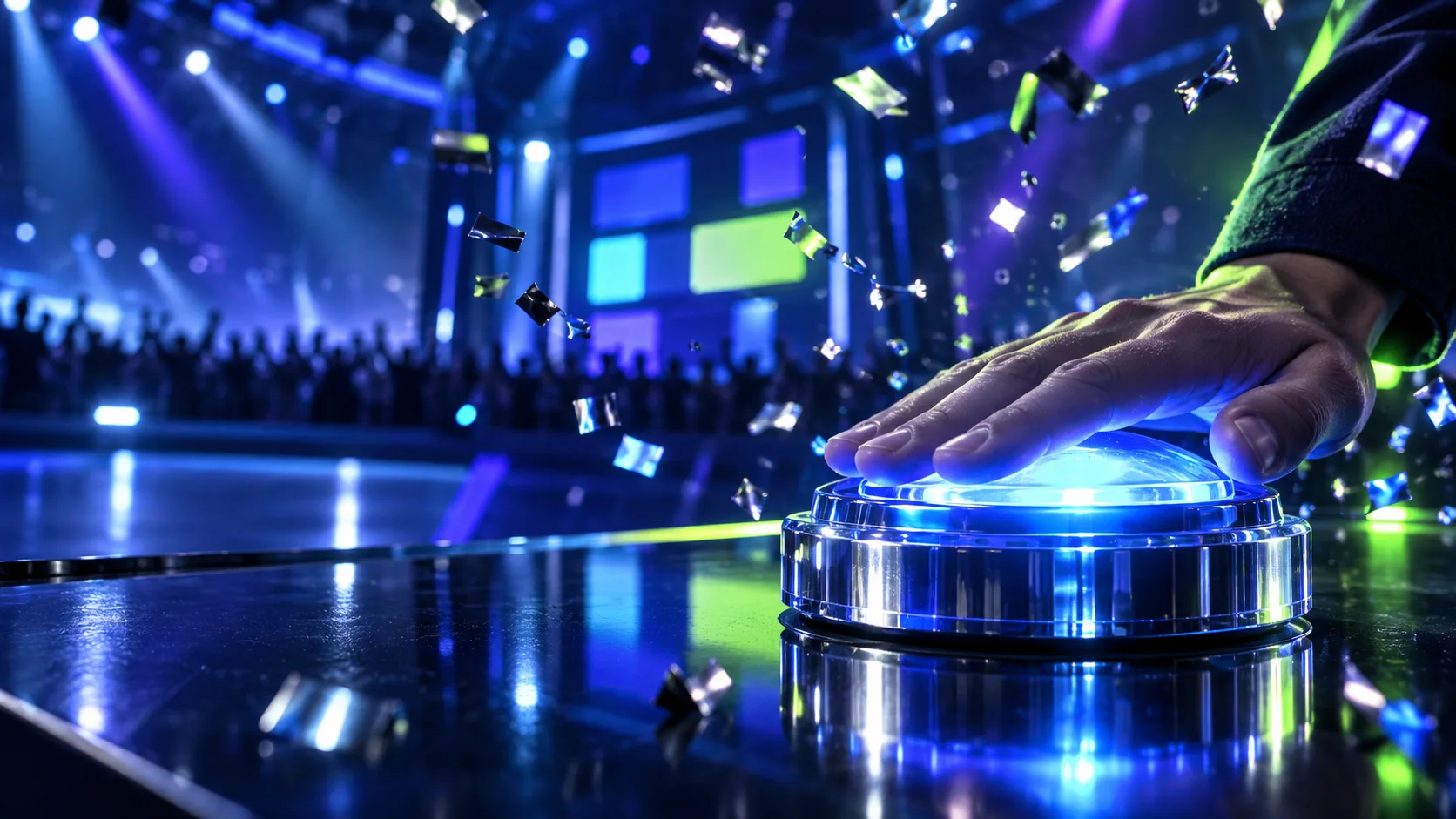 A hand pressing a glowing blue quiz buzzer on a dramatic game-show stage