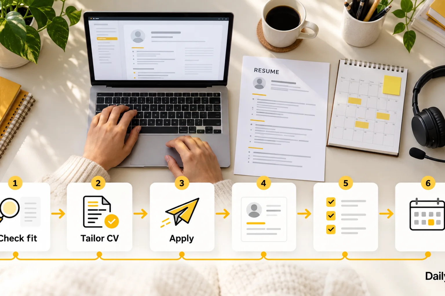 Six-step virtual assistant job application workflow with resume and calendar