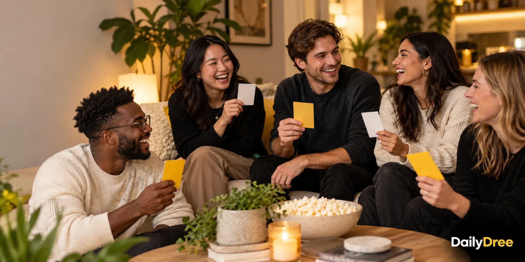 Friends choosing between two would you rather question cards during a relaxed game night